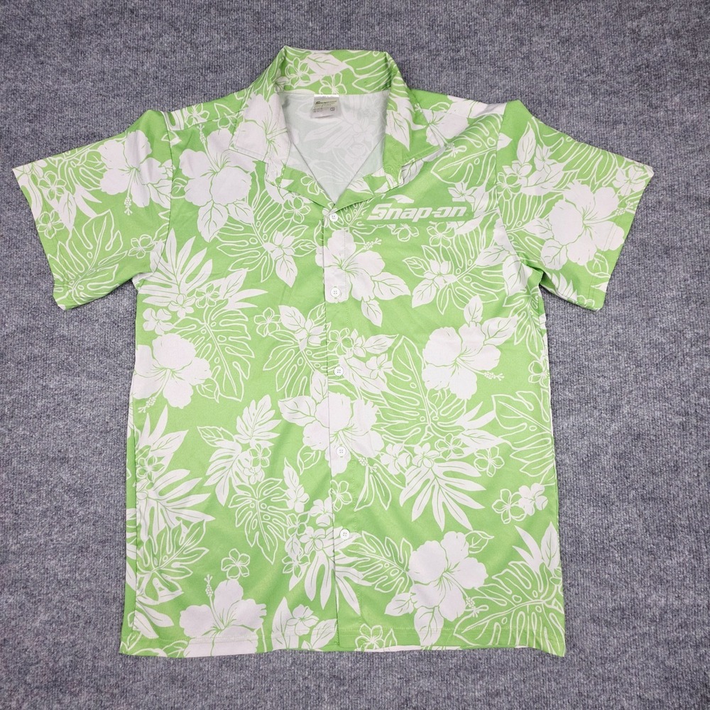 Snap-on Tools Hawaiian Shirt Men's Medium Green Floral Short Sleeve Button Up
